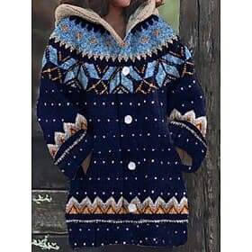 Women's Sweater Cardigan Elegant Fashion Streetwear Graphic Striped Hooded Pocket Knitted Print Long Sleeve Regular Tops Knit Outdoor Daily Weekend Navy Blue B
