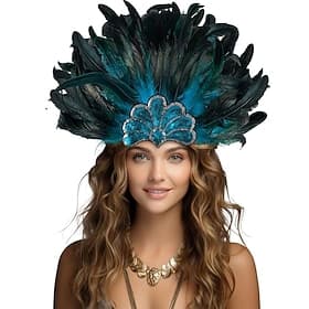 Carnival 2026Rio Carnival Samba Accessories Peacock Blue Green Feather Headdress for Women - Sequin Showgirl Carnival Costume Headpiece - Mardi Gras Accessory