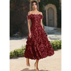 A-Line Tea Length Cocktail Dresses Party Dresses Elegant Sleeveless Off Shoulder Garden Party Wedding Lace with Appliques