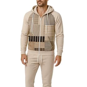 Men's Hoodie Tracksuit 2 Piece Tracksuit Drawstring Zip Up Geometry Clothing Suit Fall Winter Khaki Vocation Outdoor Travel Lightweight Fashion Long Sleeve Spo
