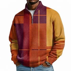 Herre Geometrisk Ruter Vaffelstruktur Genser Mote Daglig Klassisk Fritid Høy krage Quarter Zip utendørs Hjem Kontor Arbeid Gul Lilla Oransje Grå Ta igjen glide