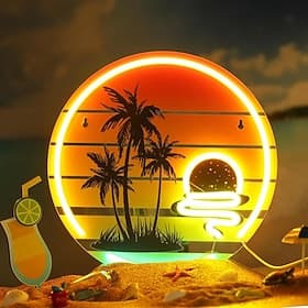 Tropical Neon Sign USB Palm Tree Sunset Neon Light for Wall Decor Colorful LED Light up Bar Signs for Bedroom Bar Beach Theme Restaurant Party Decor