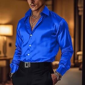 Men's Shirt Satin Shirt Dress Shirt Casual Shirt Button Up Shirt Prom Shirt Plain Formal Wedding Light Blue White Wine Royal Blue Long Sleeve Lapel All Seasons