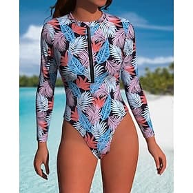 Femmes Maillot Anti UV Maillot de bain Maillot de bain 1 pièce Maillot de Bain Surf Plage Natation Fleur Maillots de Bain UPF50 Polyester manche longue Tenues