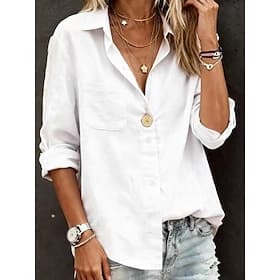 Women's Cotton Linen Shirts Pocket Buttons Solid Color Vintage Stylish Basic Long Sleeve Shirt Collar Regular Tops Daily White Pink Sky Blue Apricot Summer Spr