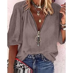 Women's Blouse Dressy Tops Faux Cotton Linen Ruched Patchwork Zipper Solid Color Plain Elegant Ladies Stylish 3/4 Length Sleeve V Neck Regular Tops Daily Work