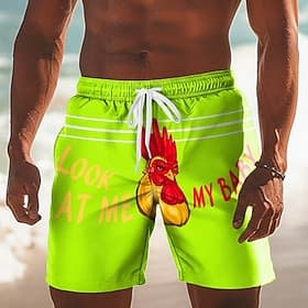 Men's Rooster Letter Printed Chicken Swim Trunks Swim Shorts Board Shorts Mid Waist Funny Casual Beach Vacation Wear Side Pockets Mesh Lining Elastic Drawstrin