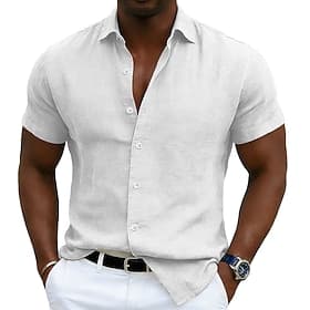 Men's Linen Shirt Summer Shirt Beach Wear Button Up Shirt Plain Casual Vacation Blue White Light Green Pink Short Sleeve Turndown Summer Clothing Apparel Plain