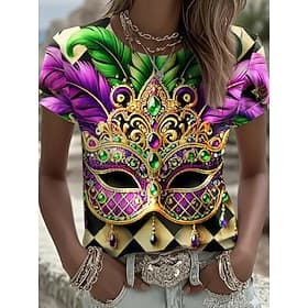 Camiseta de mujer Carnaval con gráfico de moda vintage estilosa de manga corta de cuello redondo ropa regular de uso diario impresión negra púrpura verano prim