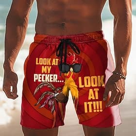Men's Chicken Duck Funny Slang Swim Trunks Swim Shorts Board Shorts Mid Waist Funny Casual Beach Vacation Wear Side Pockets Mesh Lining Elastic Drawstring Wais