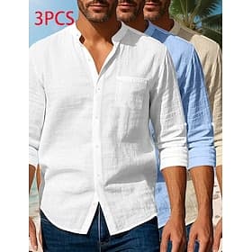 Men's Shirt Linen Shirt Summer Shirt Beach Wear Band Collar Shirt Plain Casual Daily BlackWhiteNavy Blue BlackWhiteGray BlackBlueGray BlueBlackWhite Long Sleev