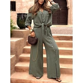 Damen Hosen-Sets Bolero-Oberteil Langarm Hemdkragen Einfarbig Mode Streetwear Lässig Täglich Outdoor Weiß Dunkelgrün Braun Sommer Lässiger Schnitt
