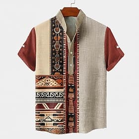 Men's Color Block Tribal Ethic / African Shirt Button Down Shirt Short Sleeve Vintage Retro Holiday Casual Daily Summer Spring Standing Collar Henley Collar 3D
