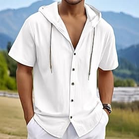 Men's Shirt Linen Shirt Summer Shirt Beach Wear Hooded Shirt Solid Color Vacation Holiday White Navy Blue Khaki Army Green Short Sleeve Hooded Summer Spring Cl