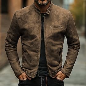 Herren Kunstlederjacke Jacke Freizeitjacke Motorradjacke Lässig Outdoor Windjacke Tasche Herbst Winter Einfarbig Punk Aktiv Stehkragen Regulär Schwarz Braun Gr