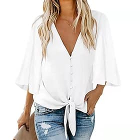 Women's Blouse Chiffon Tops Patchwork Plain Elegant Stylish 3/4 Length Sleeve V Neck Regular Tops Daily Holiday Going out Black White Pink Navy Blue Summer Spr