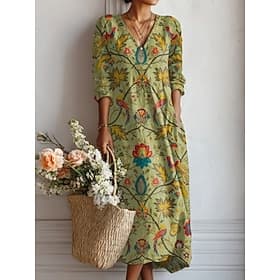 Robe midi pour femmes en lin respirant léger robe d'été coupe Évasée vacances décontractée boho régulière ajustement floral graphique color block manches longu