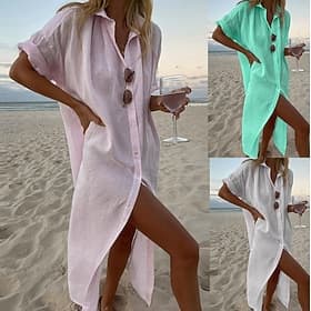 Women's Midi Dress Sundress Shift Dress Summer Dress Beach Daily Holiday Loose Fit Plain Short Sleeve Lapel White Pink Green Summer