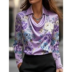 Women's Shirt Elegant Satin Top Silky Tops Print Draped Floral Graphic Elegant Stylish Casual Long Sleeve Cowl Neck Regular Tops Daily Work Holiday Black White