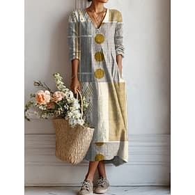 Women's Midi Dress Linen Like Breathable Lightweight Sundress Shift Dress Casual Party Holiday Loose Fit Geometric Long Sleeve V Neck Yellow Pink Light Brown S