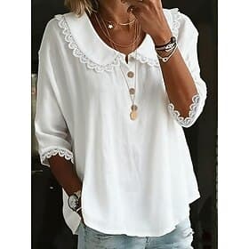 Damen Popover-Hemd Sommerhemd Freizeithemd Bluse Spitzenbesatz Einfarbig Urlaub Stilvoll Lässig Dreiviertelarm Umlegekragen Normale Oberteile Täglich Outdoor F