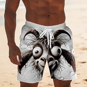 Men's Animal Cartoon Goat Swim Trunks Swim Shorts Board Shorts Mid Waist Funny Hawaiian Beach Vacation Wear Side Pockets Mesh Lining Elastic Drawstring Waist D