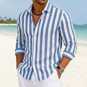 Homme Chemise Chemise en lin Chemise d'été Chemise de Plage Chemise en coton et lin Chemises à rayures Rayé Occasionnel Vêtements de rue Bleu Rose Claire Vert