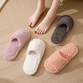 pantofole di cotone con punta aperta in peluche per donna, pantofole da casa morbide e comode in stile europeo, comode e pelose, per interni ed esterni