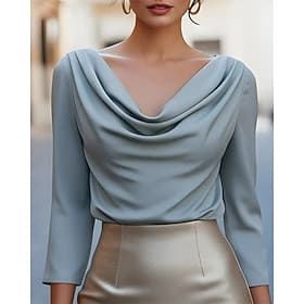 Women's Elegant Satin Top Blouse Dressy Tops Ruched Patchwork Draped Solid Color Elegant Ladies Stylish Long Sleeve Cowl Neck Regular Tops Daily Work Going out