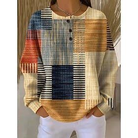 Women's Pullover Sweatshirt Buttons Graphic Geometric Fashion Casual Print Long Sleeve Crew Neck Regular Tops Casual Home Work Blue White Yellow Spring Winter