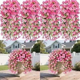 8 Pack Artificial Hanging Morning Glory Pink Flowers Hanging vines with Blooms Durable Plastic Suitable for Porch Wedding Christmas Thanksgiving Easter Decorat