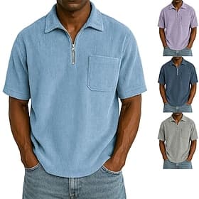 Men's Zip Polo Textured Casual Holiday Lapel Quarter Zip Short Sleeve Fashion Basic Plain Textured Quarter Zip Warm Summer Spring Regular Fit Dark Brown Purple
