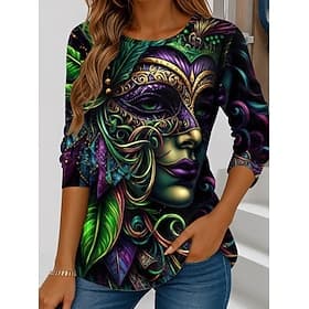 Karneval Damen T-Shirt Grafik Geometrisch Vintage Stylisch Klassisch Langarm Rundhalsausschnitt Reguläre Oberteile Täglicher Wochenenddruck Gelb Dunkelgrün Lil