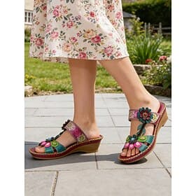 Lila Keilsandalen aus echtem Leder mit Blumenmuster für Damen Weiche und bequeme Zehensandalen zum Spazierengehen, für Gartenpartys und den Alltag