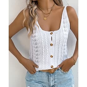 Mujer Pulóveres Chaleco suéter Ropa de calle Casual Color sólido Cable Escote en U Ahuecado Botones De Punto Sin Mangas Tops regulares Tejer Festivos Noche Fin