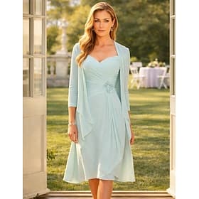 Zweiteilig Schlauchkleid Knielang Kleid für Hochzeitsgäste Brautmutterkleid Dreiviertelarm Herzförmiger Ausschnitt Elegant Übergröße Hochzeitsgast Kirche Chiff