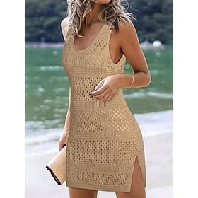 Women's Cover Up Swimsuit Dress Cut Out Knit Vacation Beach Wear Solid Color V Neck Sleeveless Bathing Suits