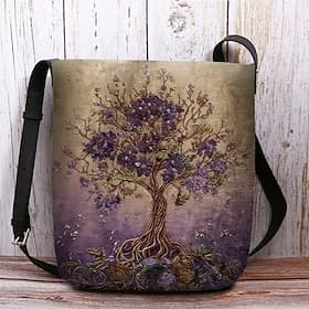 Sac bandoulière femme en polyester velouté, orné de motifs d'arbre de vie et de fleurs, disponible en plusieurs modèles pour des styles décontractés et bohèmes