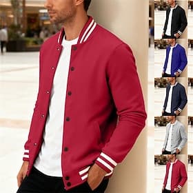Hombre Chaqueta ligera Chaqueta casual Chaqueta de universidad Casual Diario Bolsillo Primavera Otoño Rayas Ropa de calle Elegante Cuello Mao Regular Negro Roj