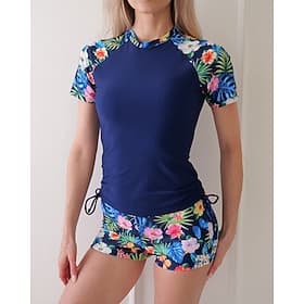 Damen Anti UV Shirt Badeanzug mit Blumenmuster Badeanzug Blumen Ultraleicht (UL) UV Schutz Elastisch Kurzarm Bademode Surfen Schnorcheln Sommer
