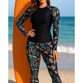 Femmes Maillot Anti UV Maillot de bain 2 Pièces Tropical Protection UV Élastique manche longue Maillot de Bain Surf Plage Natation Printemps