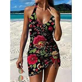 Mujer Bañadores Tankini Falda Traje de baño Elegante Vacaciones Floral Graphic Escote en Pico Sin Mangas Trajes de baño
