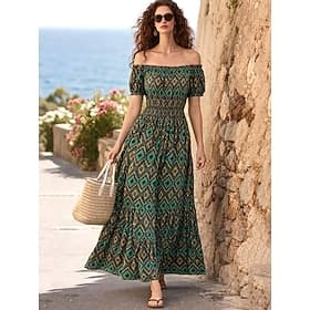 Femmes Robe maxi Robe trapèze Robe d'été Occasionnel Quotidien Coupe régulière Fleuri Manche Courte Épaules Dénudées Bleu Noir Blanche Vert Claire Été Printemp