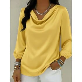 Per donna Camicia in raso Camicia elegante Blusa Tinta unica Elegante Vintage Moda Manica Lunga Scollo a Cascata Top Regolari Quotidiano Feste Ferie Blu Giallo