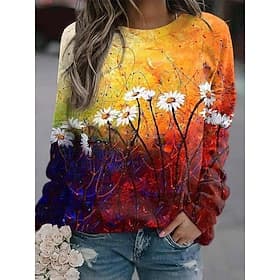 Damen Pullover Sweatshirt Druck Grafik Lässig Langarm Rundhalsausschnitt Normale Oberteile Lässig Straße Ferien Blau Weiß Gelb Himmelblau Purpur Frühling Winte