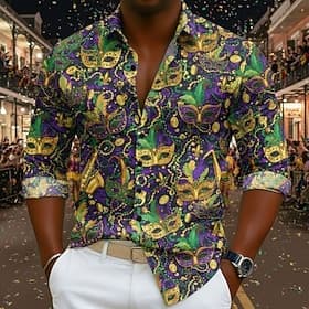 Carnaval Voor heren Grafisch Masker met veren Overhemd Button-down overhemd Strand hemd Lange mouw Hawaii Casual Comfortabel Vakantie Feestdagen Mardi gras Zom
