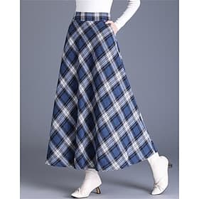 Femmes Élégant Rétro Vintage Maxi Taille haute Jupes Plaid Bloc de Couleur Avec Poches Longue Micro-Élastique Quotidien Décontracté Quotidien Bleu Vin Kaki Aut