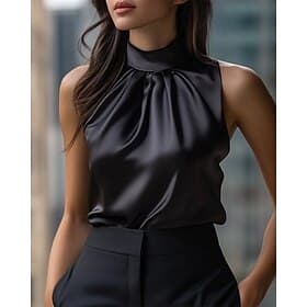 Damen Hemd Elegant Satin-Top Sommeroberteile Gerafft Patchwork Drapiert Einfarbig Einfach Elegant Vintage Täglich Ärmellos Hoher Ausschnitt Normale Oberteile T