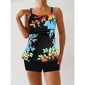 Tankini da donna in 2 pezzi costume da bagno boy leg controllo pancia vita alta senza schienale abbigliamento da spiaggia per vacanze foglie floreali scollo a