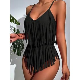 Maillot de bain femme une pièce monokini contrôle de ventre taille haute slim frange dos nu vacances plage vêtements couleur unie décolleté en V sans manches m